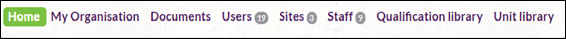 Menu bar from Prism showing options for Home, My Organisation, Documents, Users, Sites, Staff, Qualification library and Unit library.